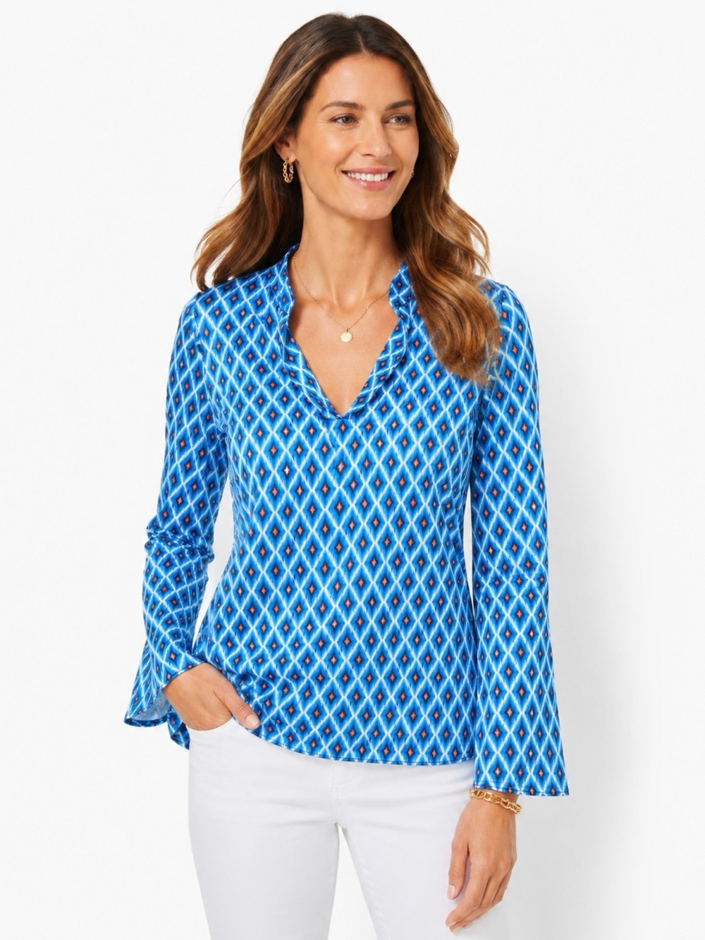 Tory Burch Blue Ikat Diamond Print Cotton Tunic Blouse 6 Long Sleeve Split neck